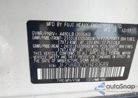 2012 Subaru Forester 2.5X Premium z USA, uszkodzony, nr VIN JF2SHADC7CH430689